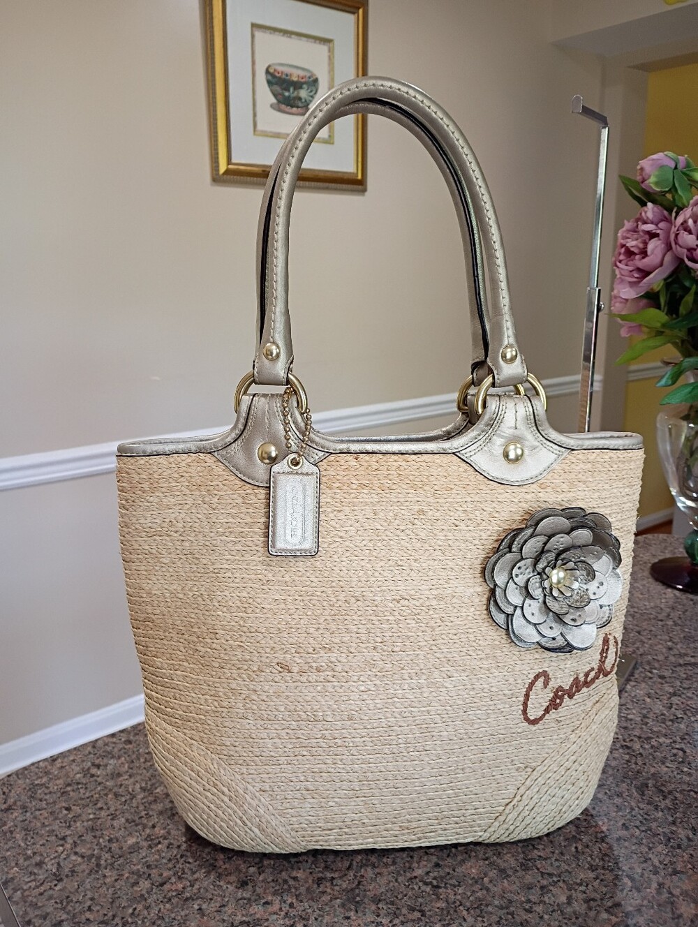 Coach Natural Straw Tote with Metallic Gold Trim and Floral Applique - Picture 13 of 16